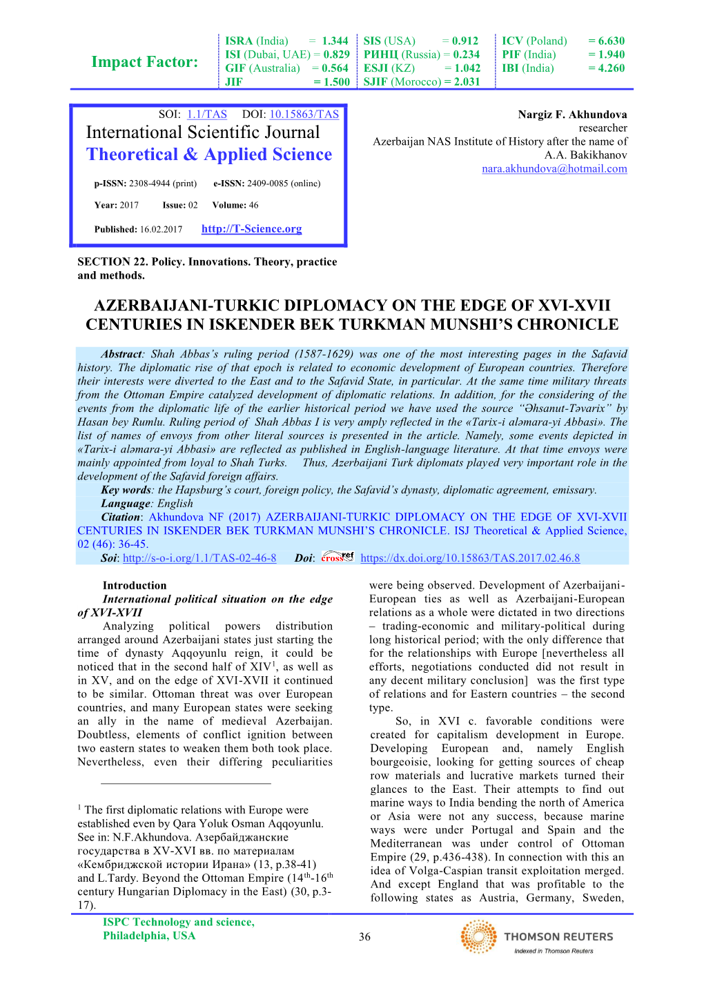 Azerbaijani-Turkic Diplomacy on the Edge of Xvi-Xvii C. in Iskender Bek Turkman Munshi's Chronicle