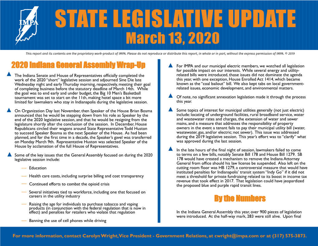 STATE LEGISLATIVE UPDATE March 13, 2020