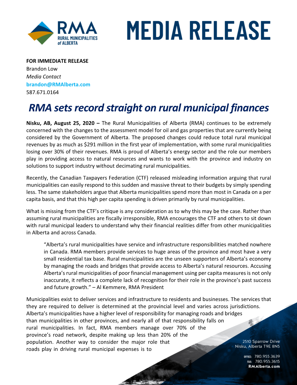 RMA Sets Record Straight on Rural Municipal Finances