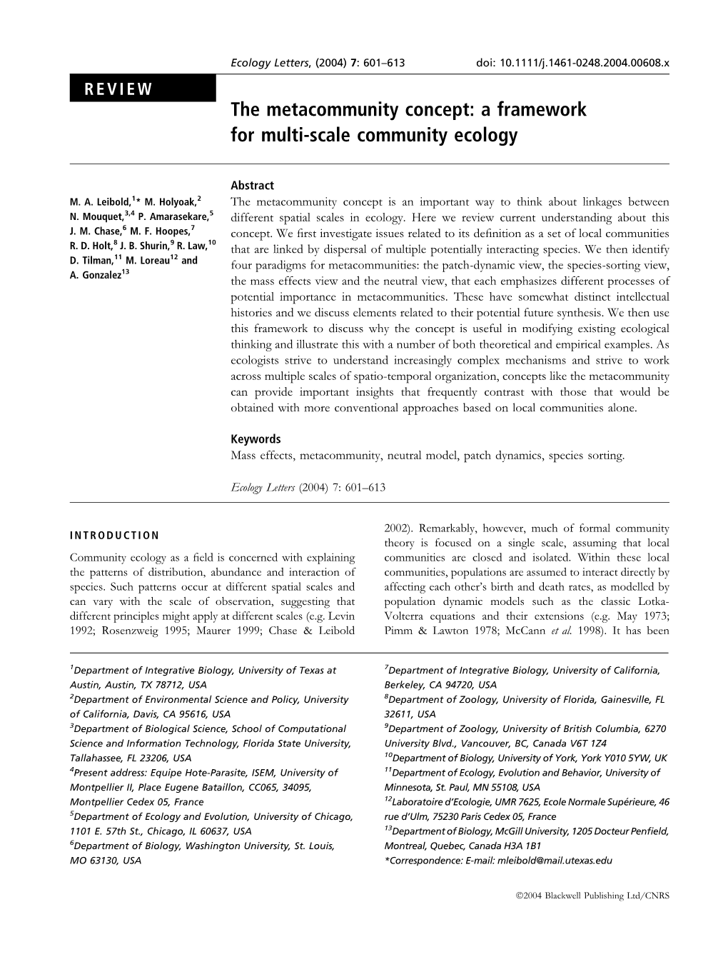 The Metacommunity Concept: a Framework for Multi-Scale Community Ecology