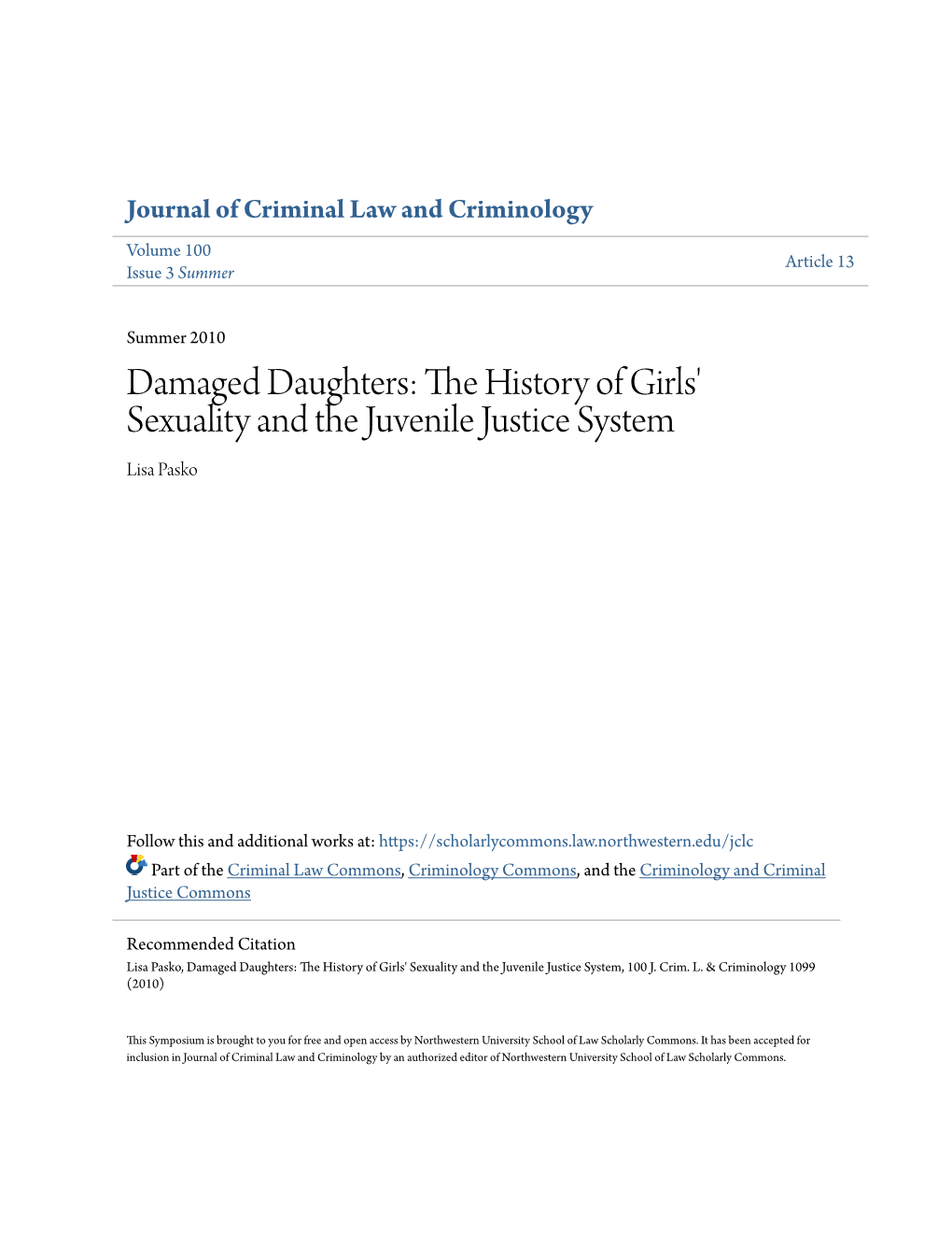 The History of Girls' Sexuality and the Juvenile Justice System