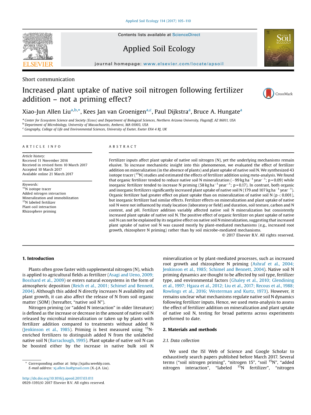 Increased Plant Uptake of Native Soil Nitrogen Following Fertilizer Addition