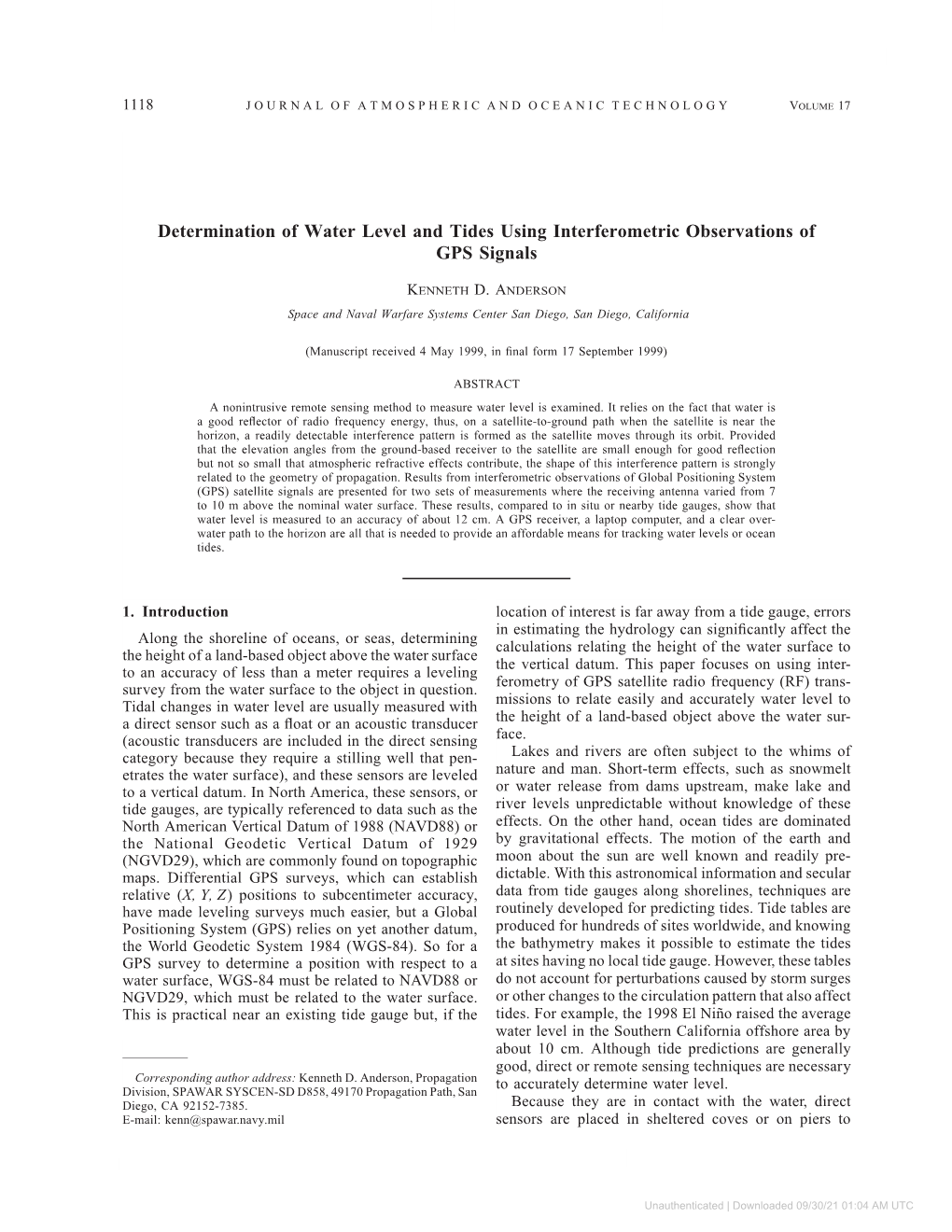 Determination of Water Level and Tides Using Interferometric Observations of GPS Signals