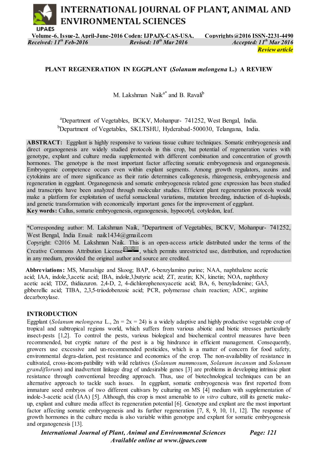 PLANT REGENERATION in EGGPLANT (Solanum Melongena L.) a REVIEW