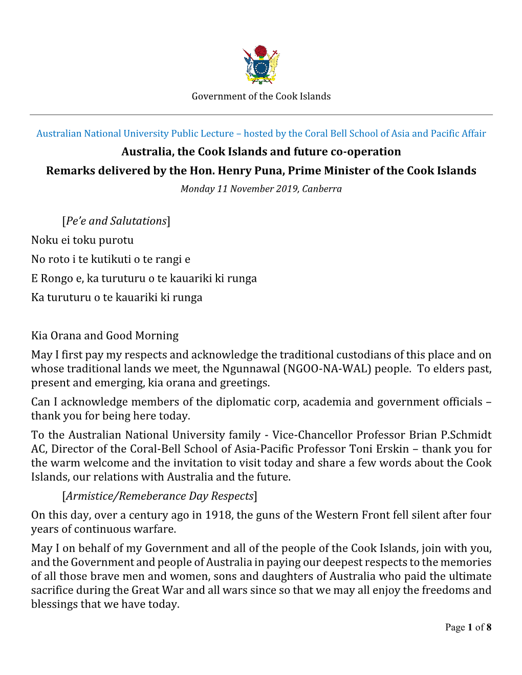 PM Remarks to ANU on Cook Islands, Australia and the Future Delivered