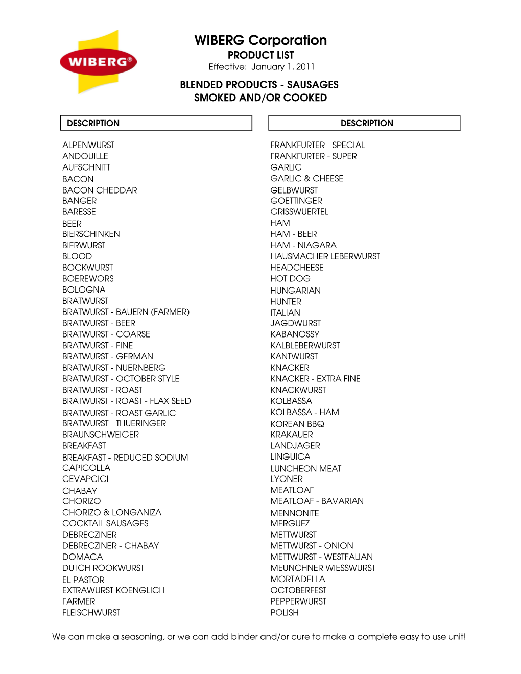 WIBERG Corporation PRODUCT LIST Effective: January 1, 2011 BLENDED PRODUCTS - SAUSAGES SMOKED AND/OR COOKED