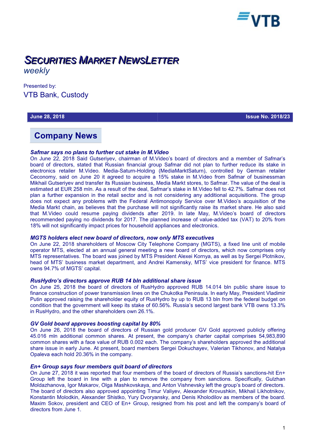 Company News SECURITIES MARKET NEWS LETTER Weekly