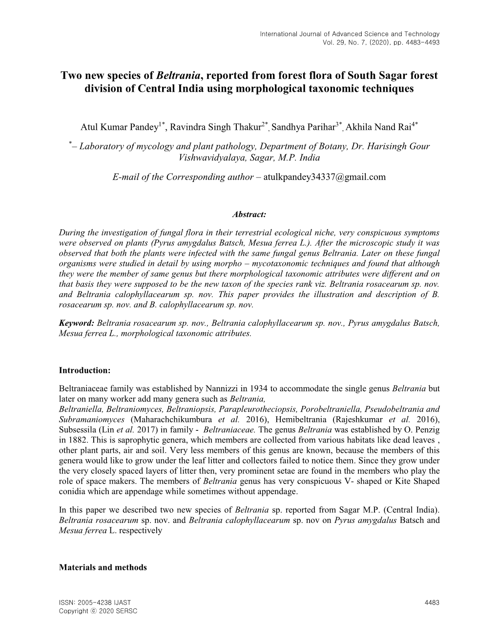 Two New Species of Beltrania, Reported from Forest Flora of South Sagar Forest Division of Central India Using Morphological Taxonomic Techniques