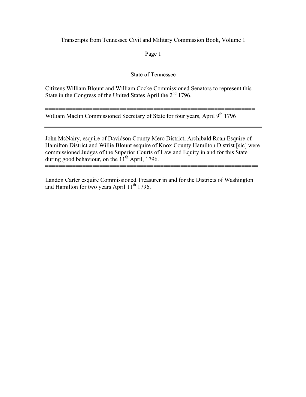 Transcripts from Tennessee Civil and Military Commission Book, Volume 1