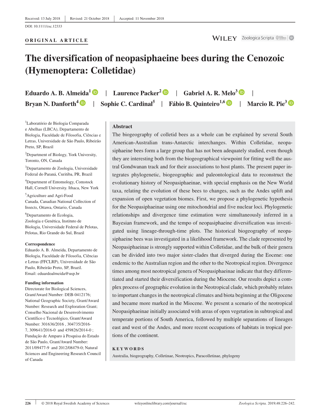 The Diversification of Neopasiphaeine Bees During the Cenozoic (Hymenoptera: Colletidae)