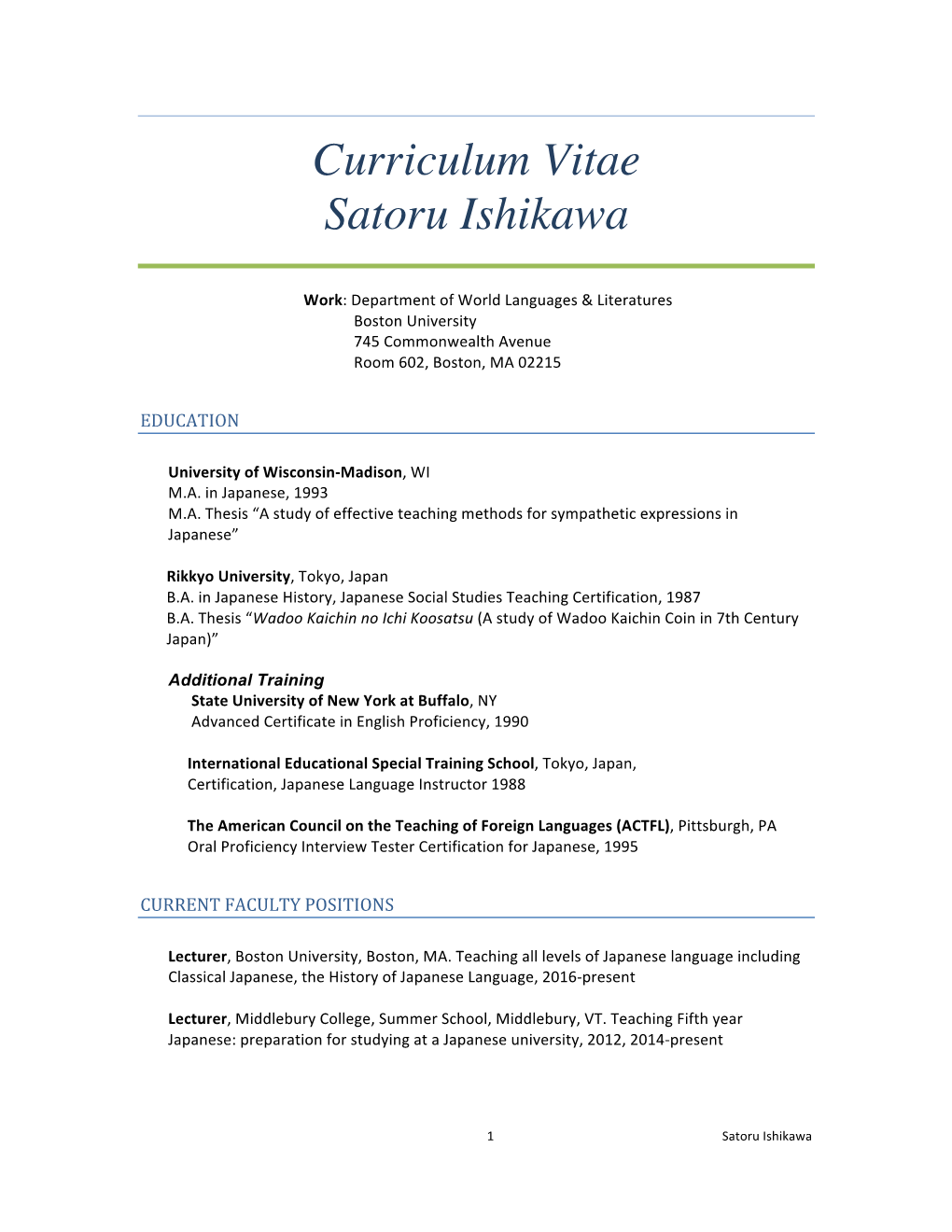 Satoru Ishikawa's CV