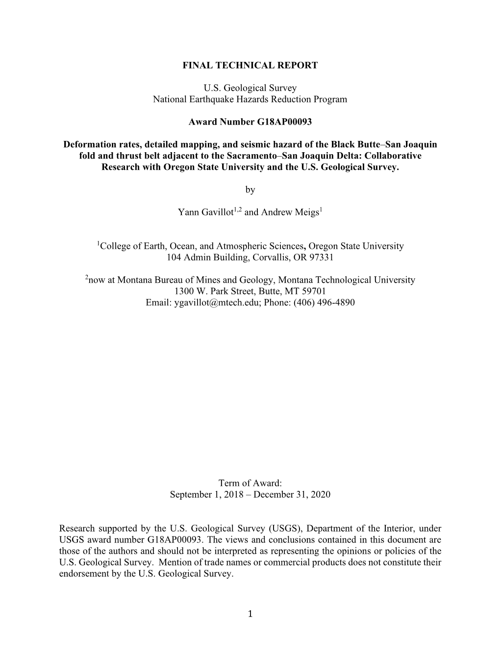 1 FINAL TECHNICAL REPORT U.S. Geological Survey National