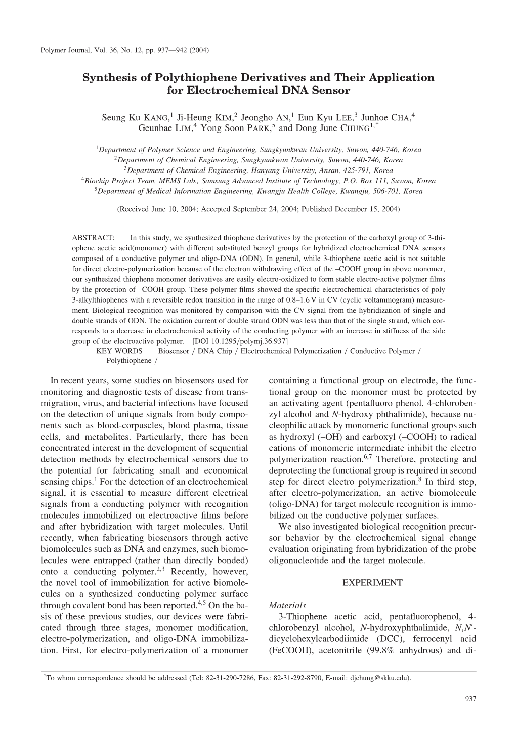 Synthesis of Polythiophene Derivatives and Their Application for Electrochemical DNA Sensor