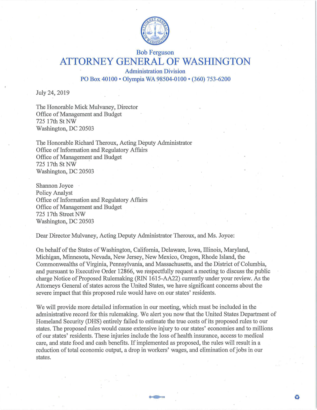 ATTORNEY GENERAL of WASHINGTON Administration Division PO Box 40100.Olympia WA 98504-0100 • (360) 753-6200