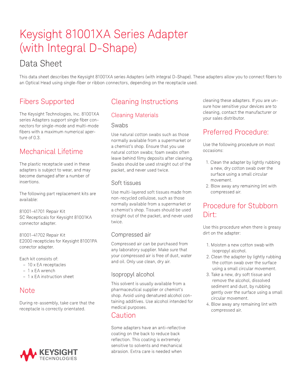 Keysight 81001XA Series Adapter (With Integral D-Shape) Data Sheet