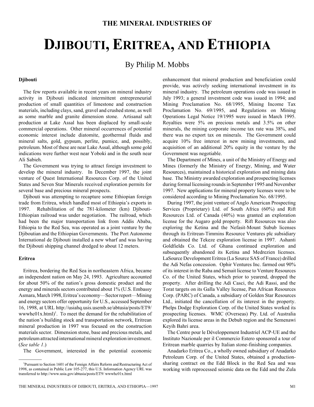 The Mineral Industries of Djibouti, Eritrea, and Ethiopia in 1997, USGS