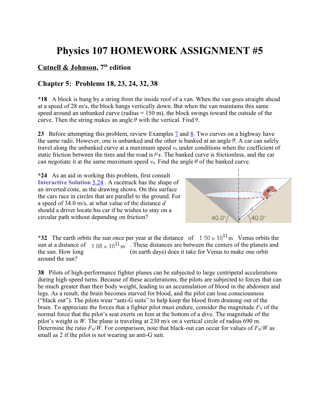 Physics 107 HOMEWORK ASSIGNMENT #5