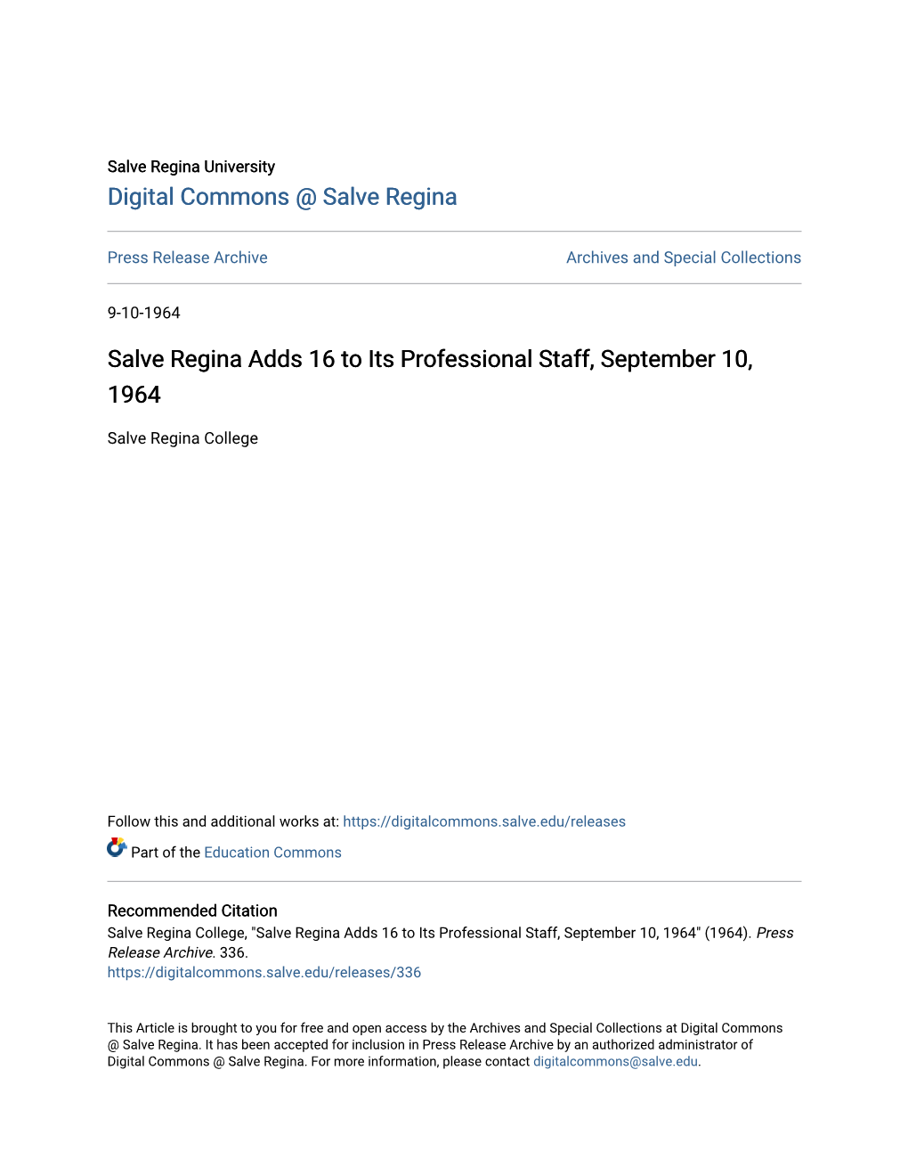 Salve Regina Adds 16 to Its Professional Staff, September 10, 1964