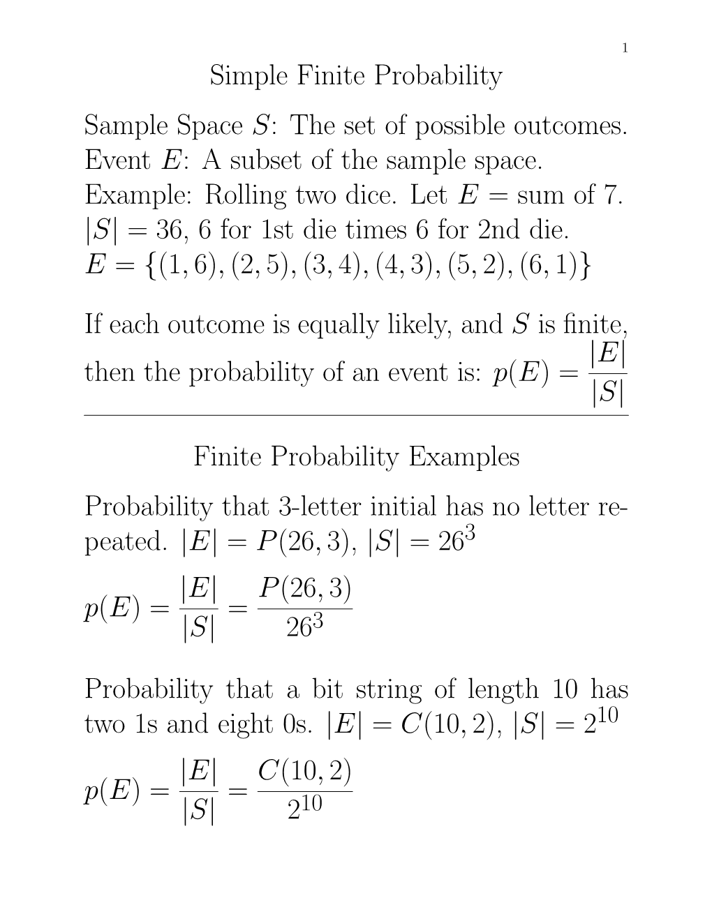 Simple Finite Probability Sample Space S: the Set of Possible Outcomes