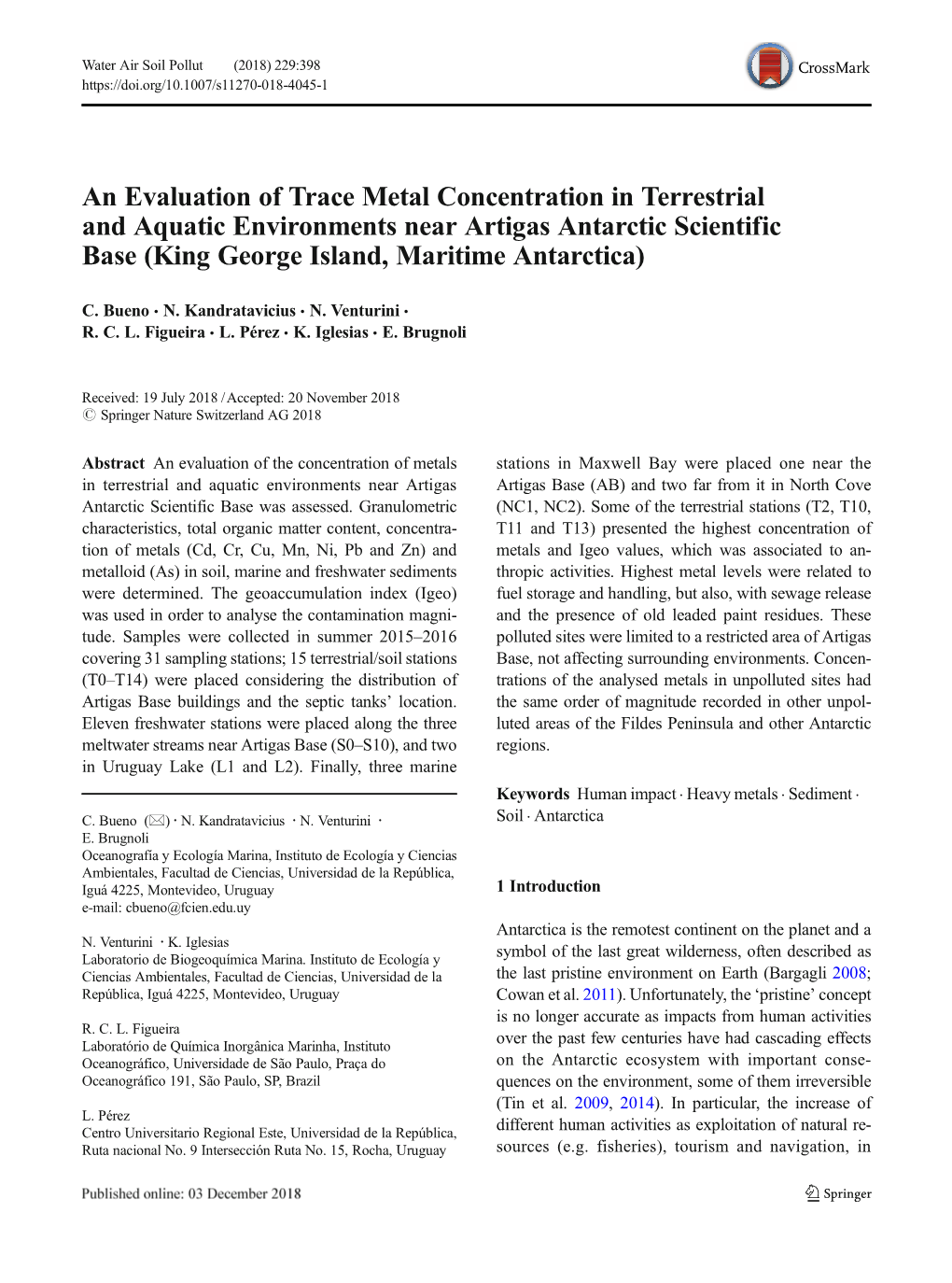 An Evaluation of Trace Metal Concentration in Terrestrial and Aquatic Environments Near Artigas Antarctic Scientific Base (King George Island, Maritime Antarctica)