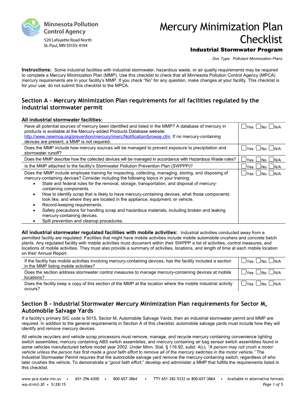 Mercury Minimization Plan Checklist - Form