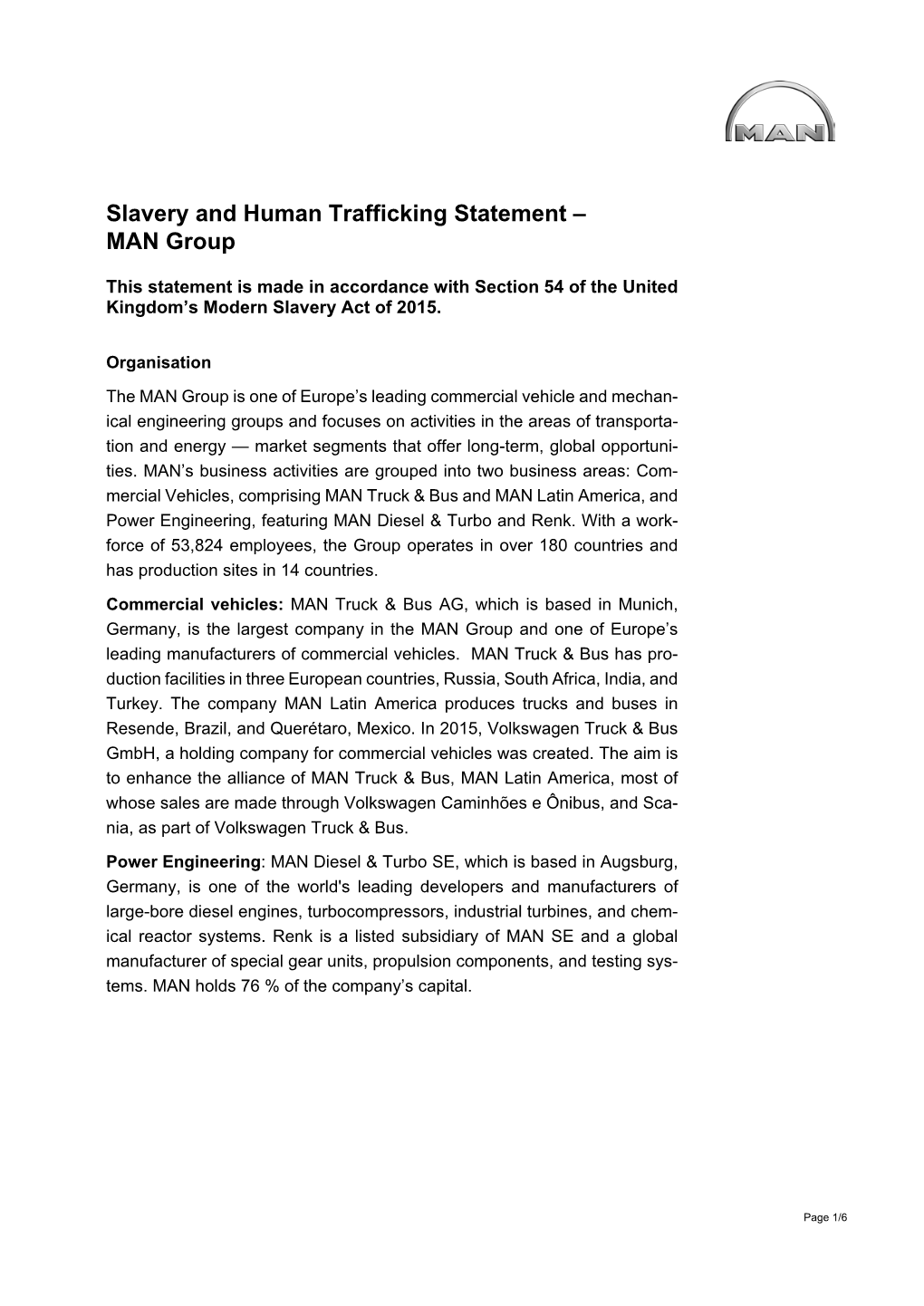 Slavery and Human Trafficking Statement – MAN Group