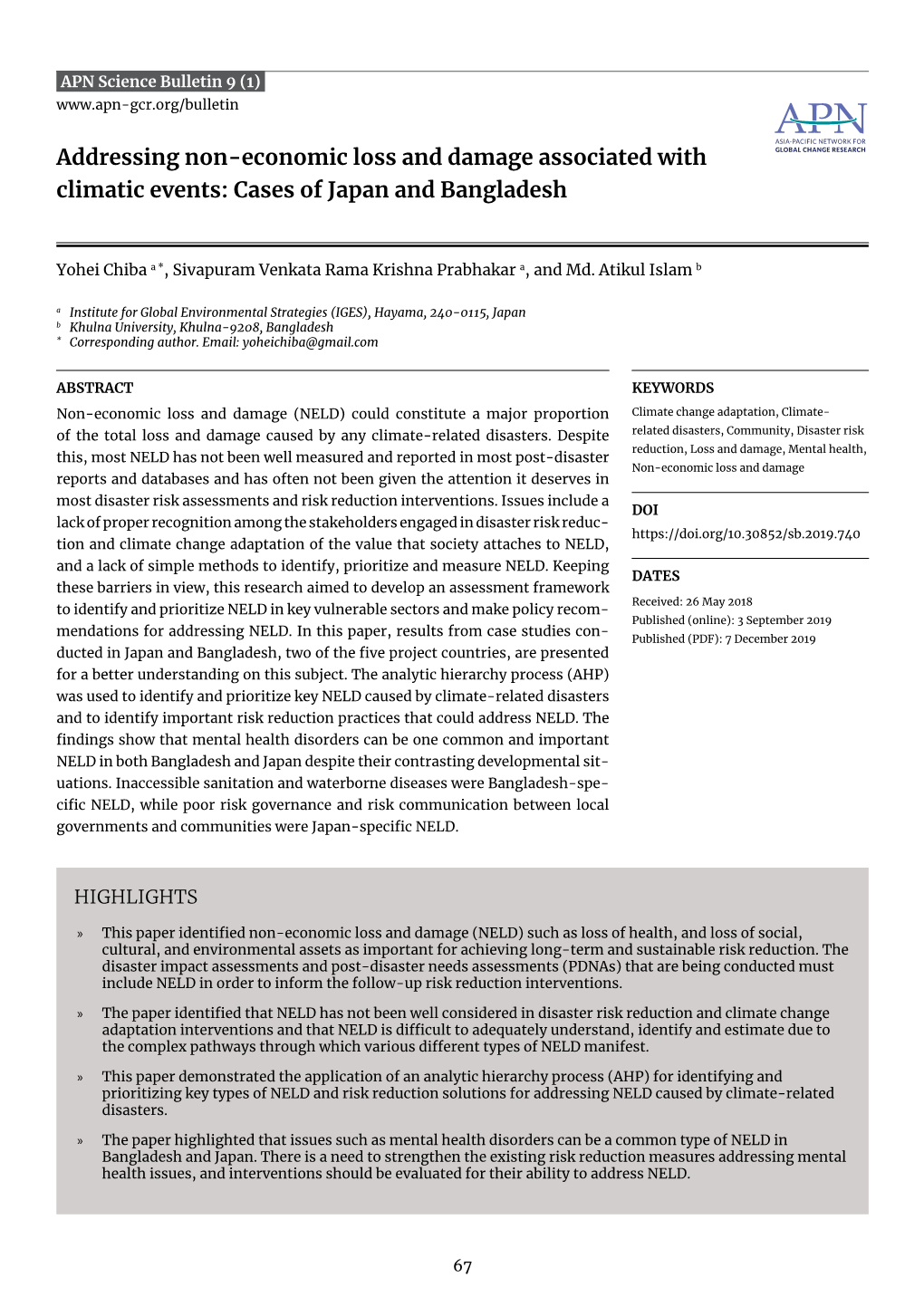 Addressing Non-Economic Loss and Damage Associated with Climatic Events: Cases of Japan and Bangladesh