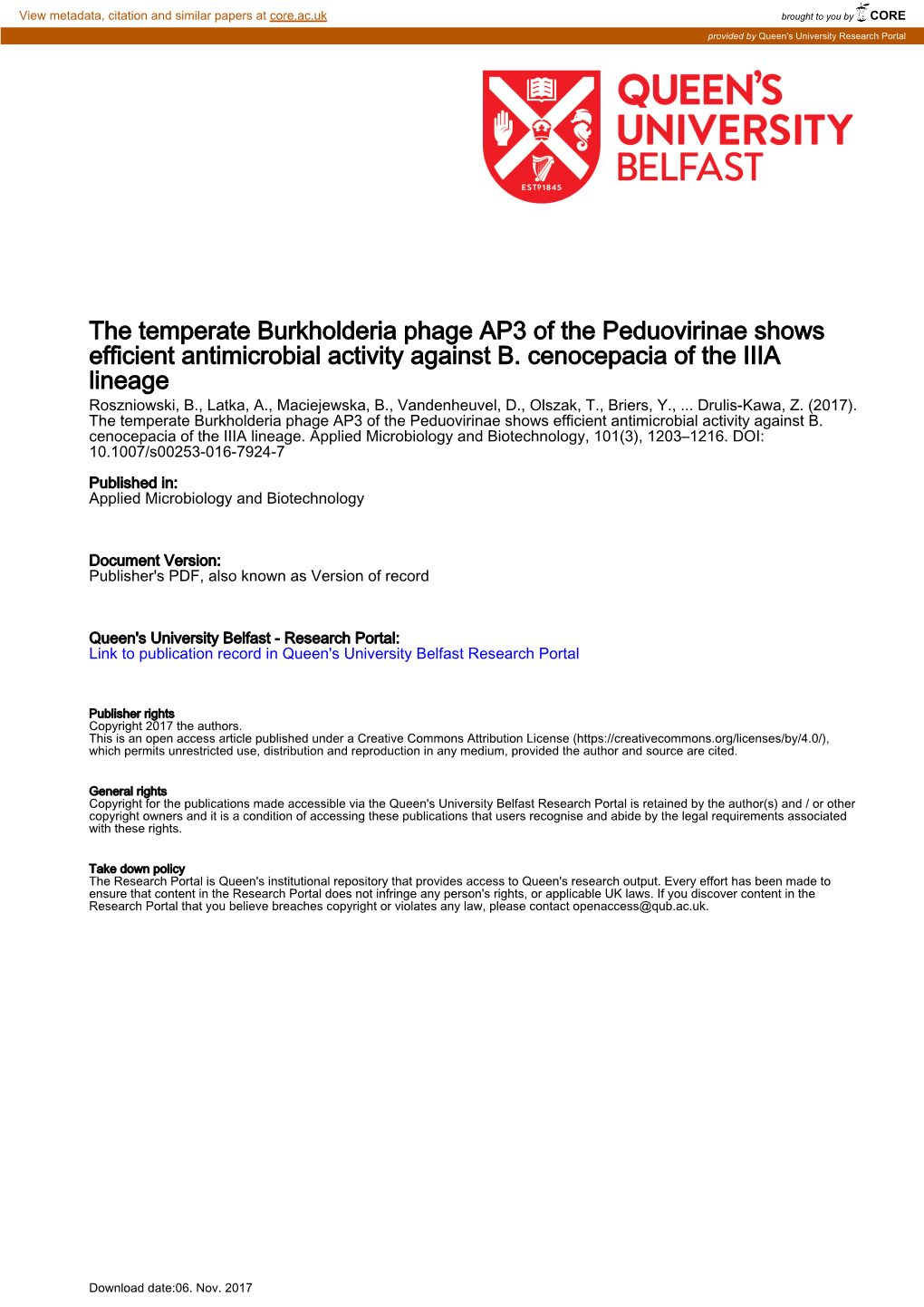 The Temperate Burkholderia Phage AP3 of the Peduovirinae Shows Efficient Antimicrobial Activity Against B. Cenocepacia of the II