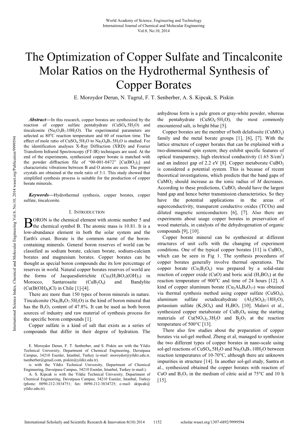 The Optimization of Copper Sulfate and Tincalconite Molar Ratios on the Hydrothermal Synthesis of Copper Borates E