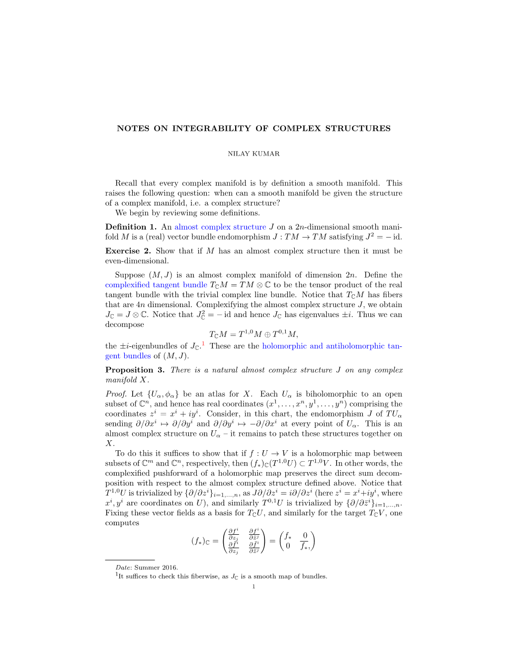 NOTES on INTEGRABILITY of COMPLEX STRUCTURES Recall