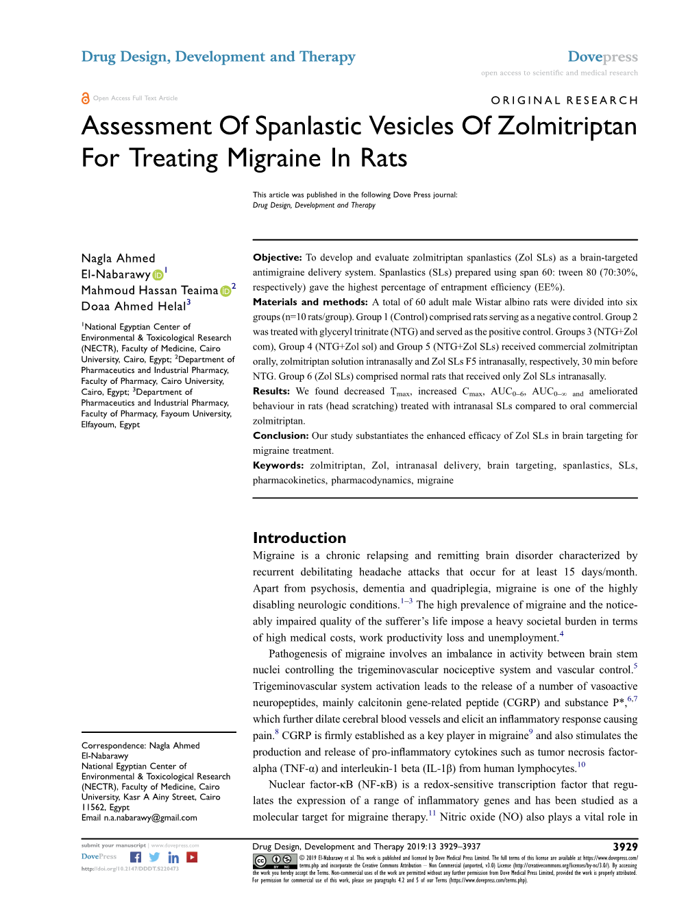 Assessment of Spanlastic Vesicles of Zolmitriptan for Treating Migraine in Rats