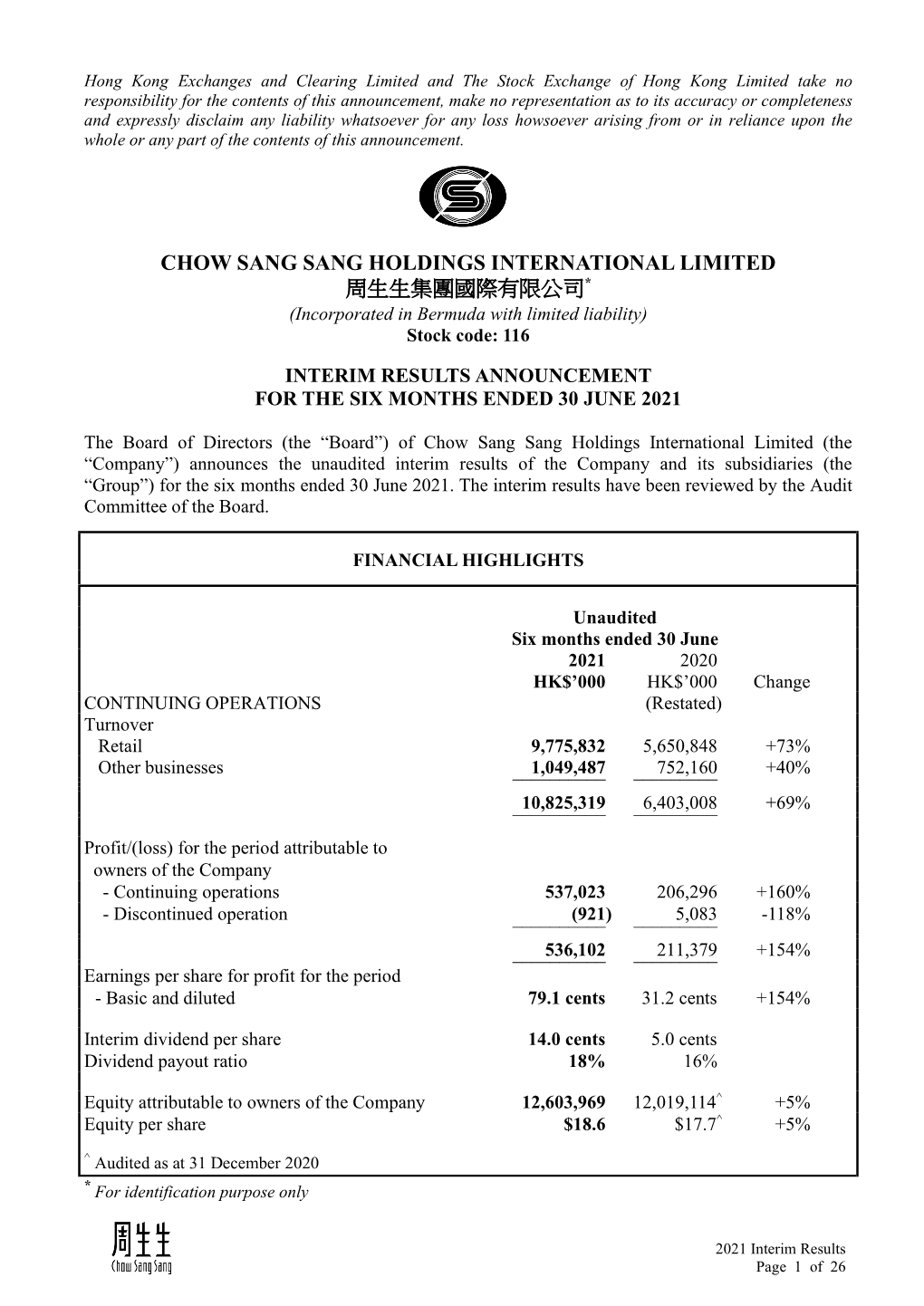 CHOW SANG SANG HOLDINGS INTERNATIONAL LIMITED 周生生集團國際有限公司* (Incorporated in Bermuda with Limited Liability) Stock Code: 116