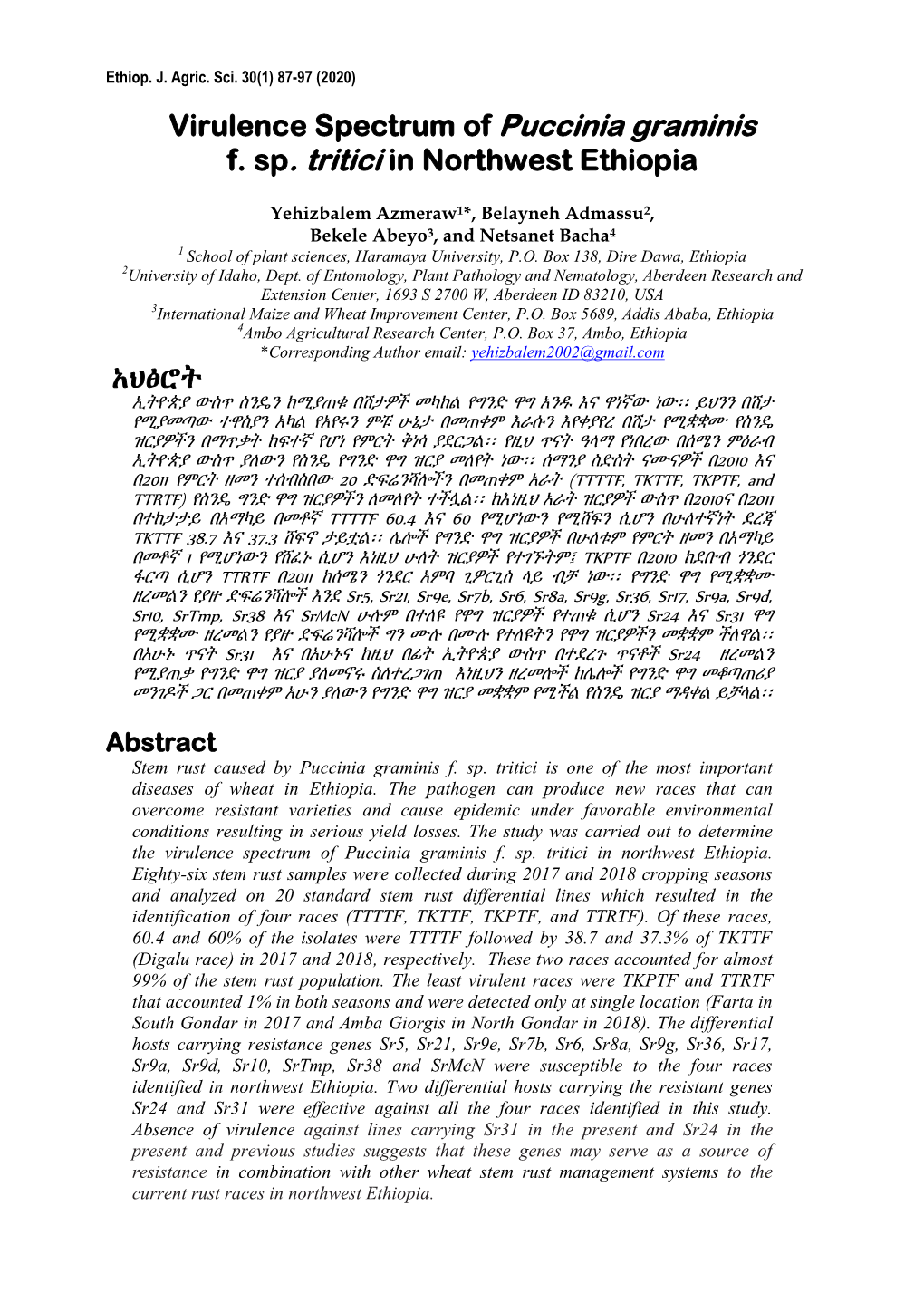 Virulence Spectrum of Puccinia Graminis F. Sp. Tritici in Northwest Ethiopia