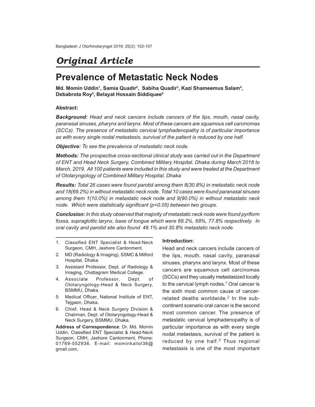 Original Article Prevalence of Metastatic Neck Nodes Md