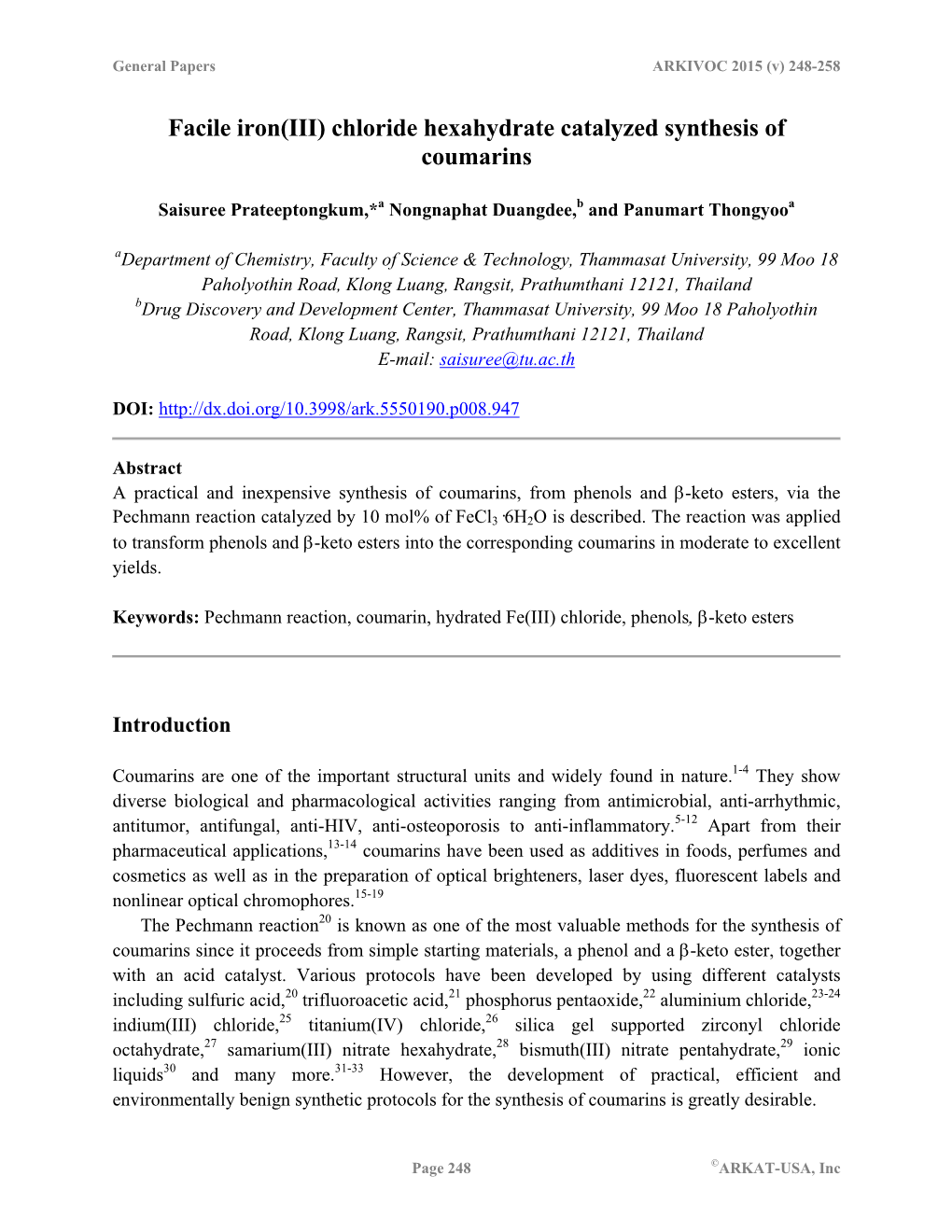 Facile Iron(III) Chloride Hexahydrate Catalyzed Synthesis of Coumarins