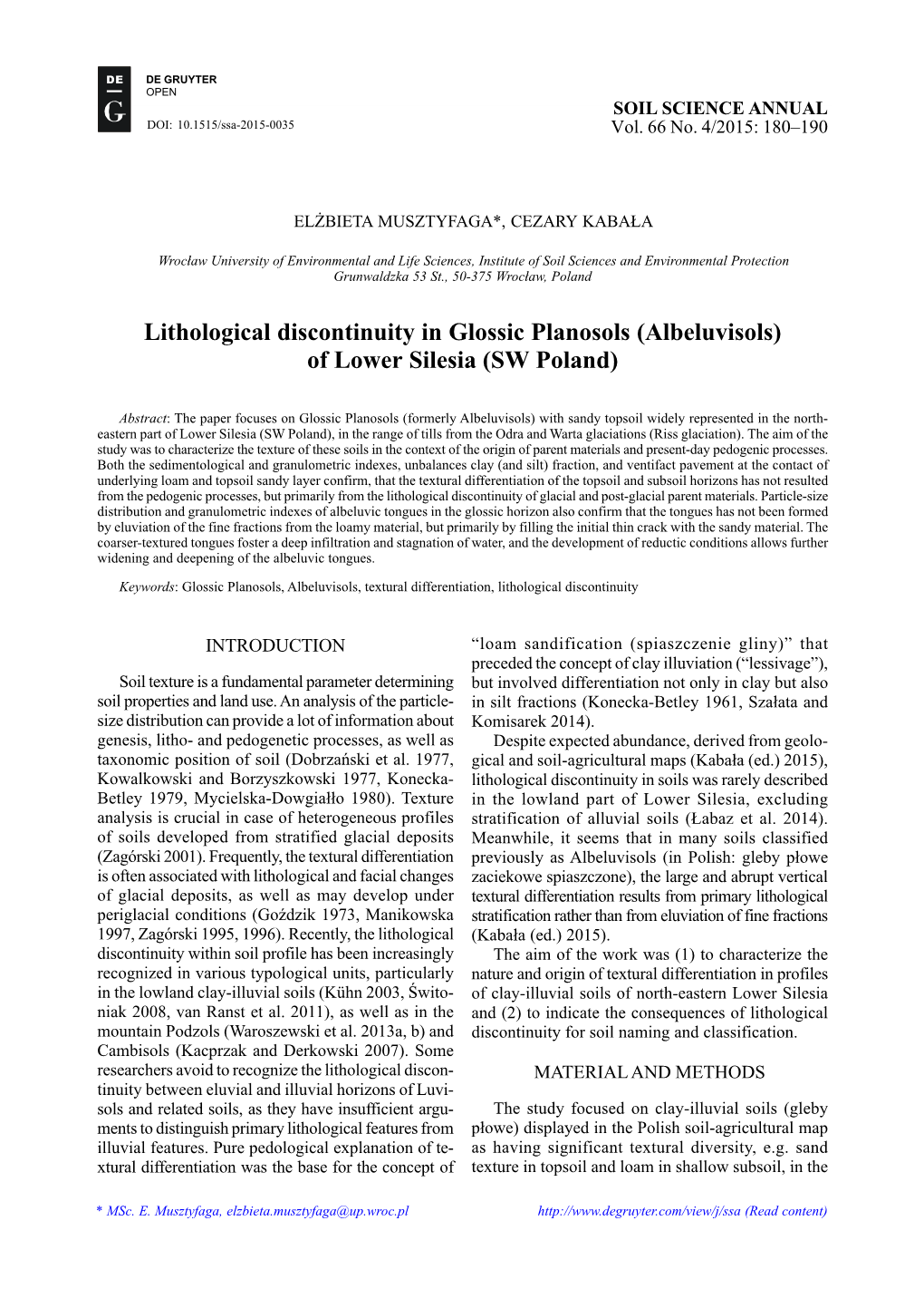 Lithological Discontinuity in Glossic Planosols (Albeluvisols) of Lower Silesia (SW Poland)