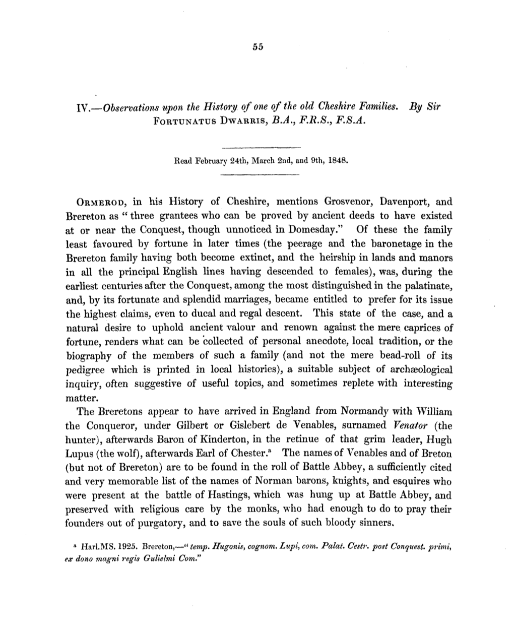 IV.—Observations Upon the History of One of the Old Cheshire Families. by Sir ORMEROD, in His History of Cheshire, Mentions Gr