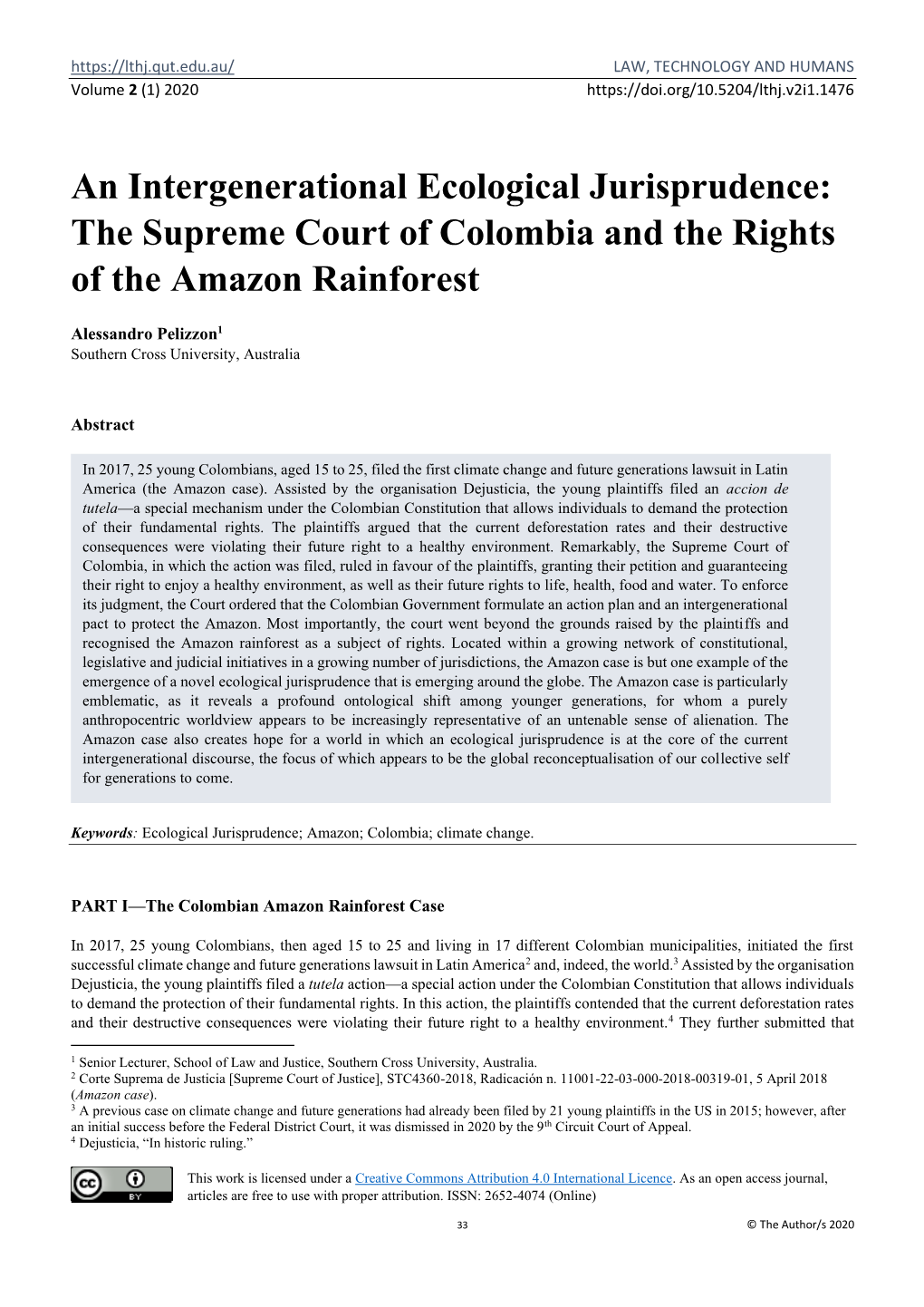 An Intergenerational Ecological Jurisprudence: the Supreme Court of Colombia and the Rights of the Amazon Rainforest