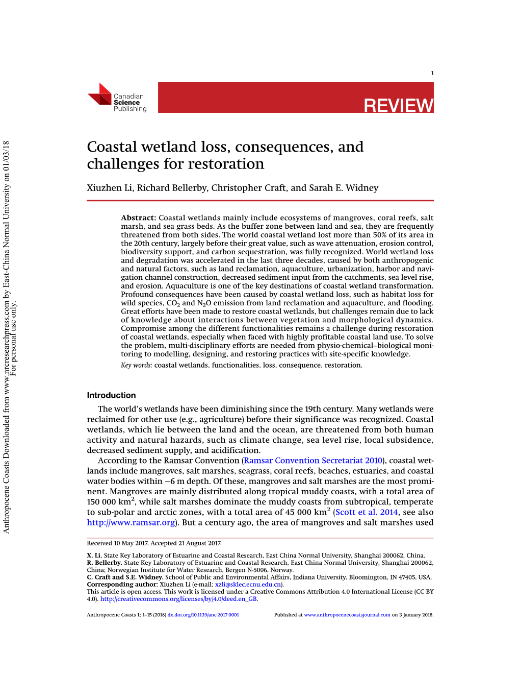 Coastal Wetland Loss, Consequences, and Challenges for Restoration