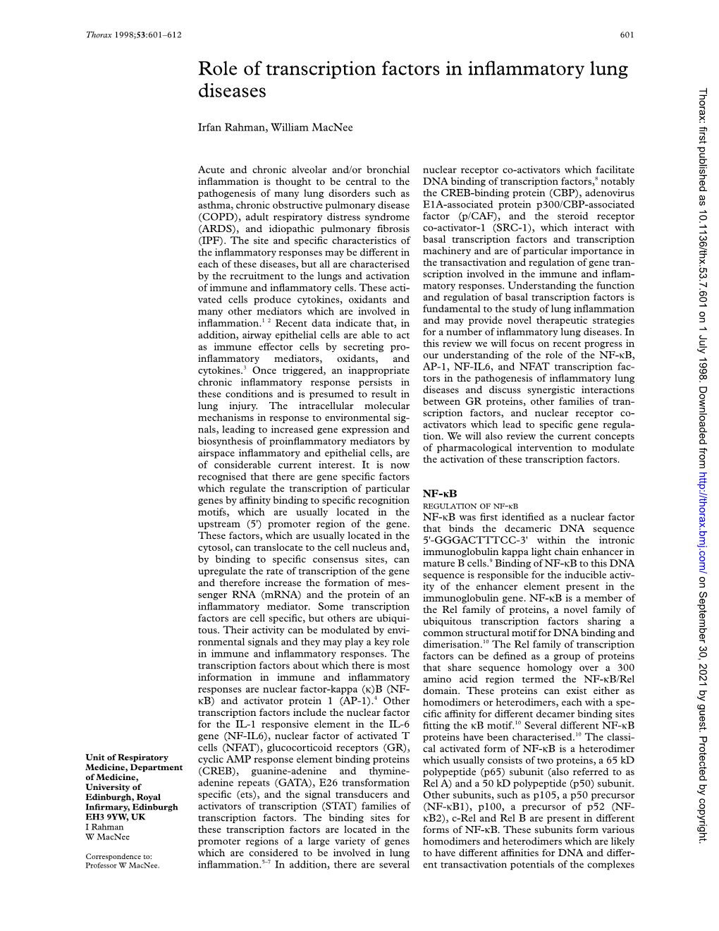 Role of Transcription Factors in Inflammatory Lung Diseases