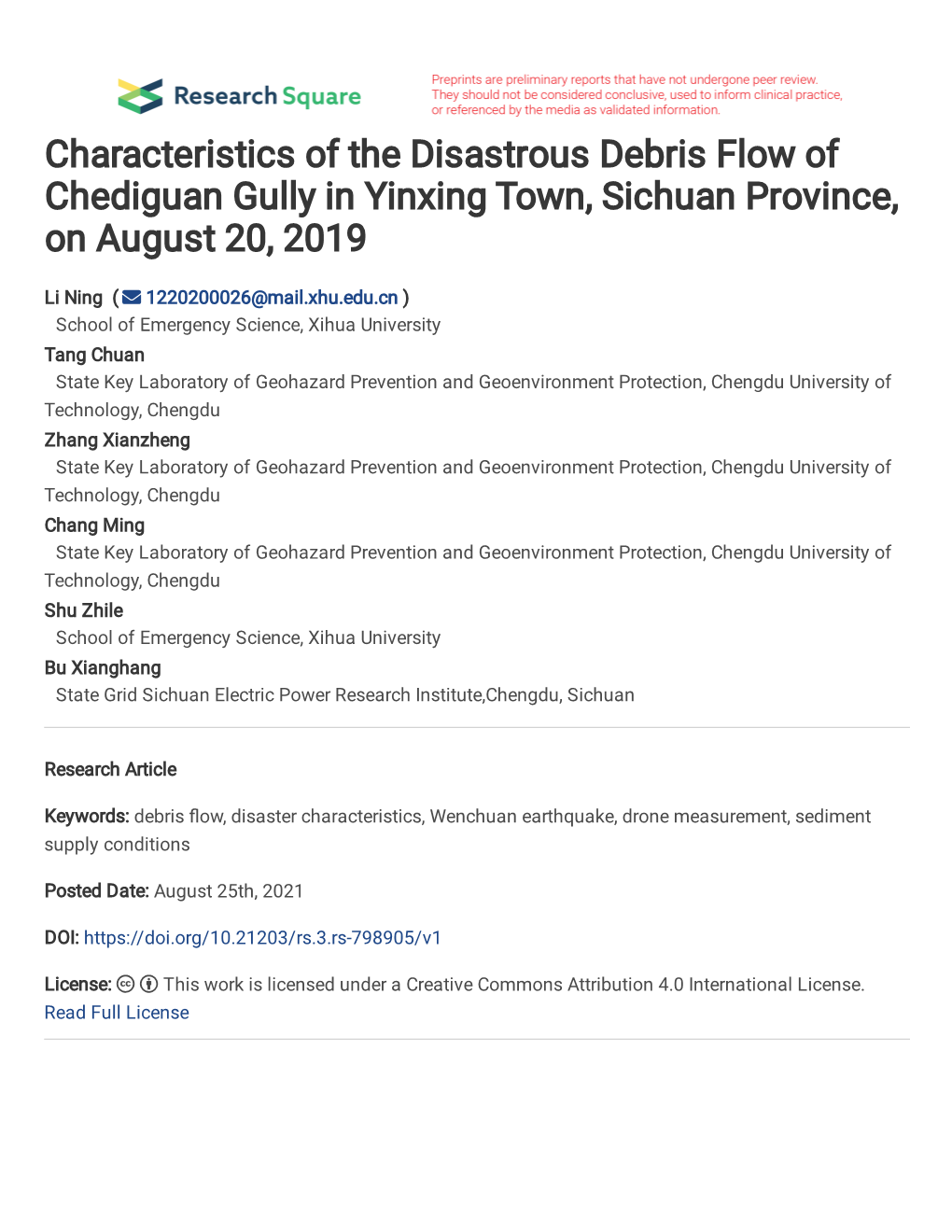 Characteristics of the Disastrous Debris Flow of Chediguan Gully in Yinxing Town, Sichuan Province, on August 20, 2019
