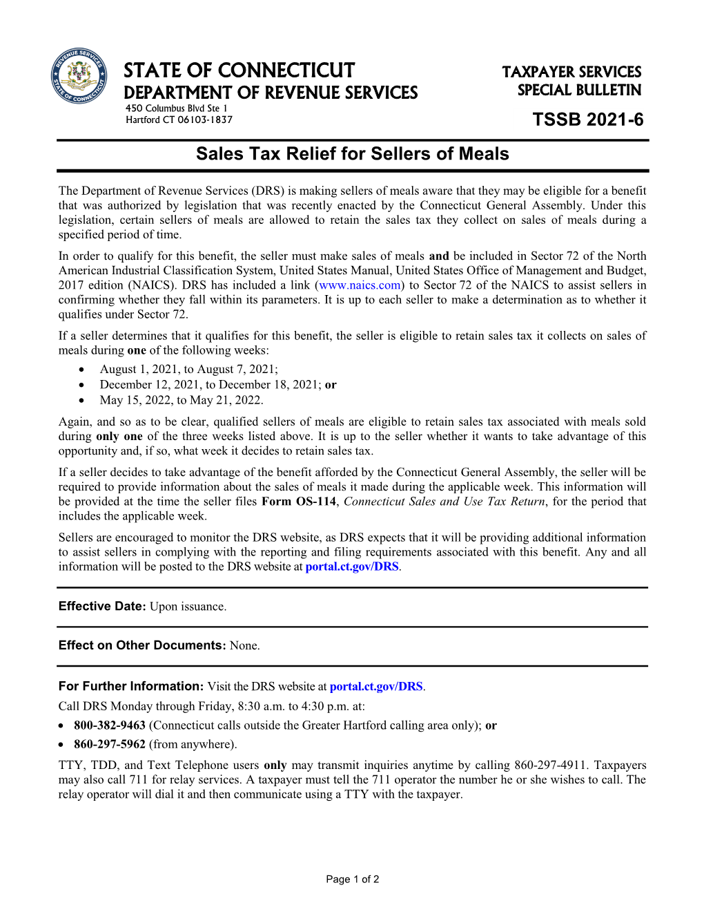 STATE of CONNECTICUT Sales Tax Relief for Sellers of Meals TSSB