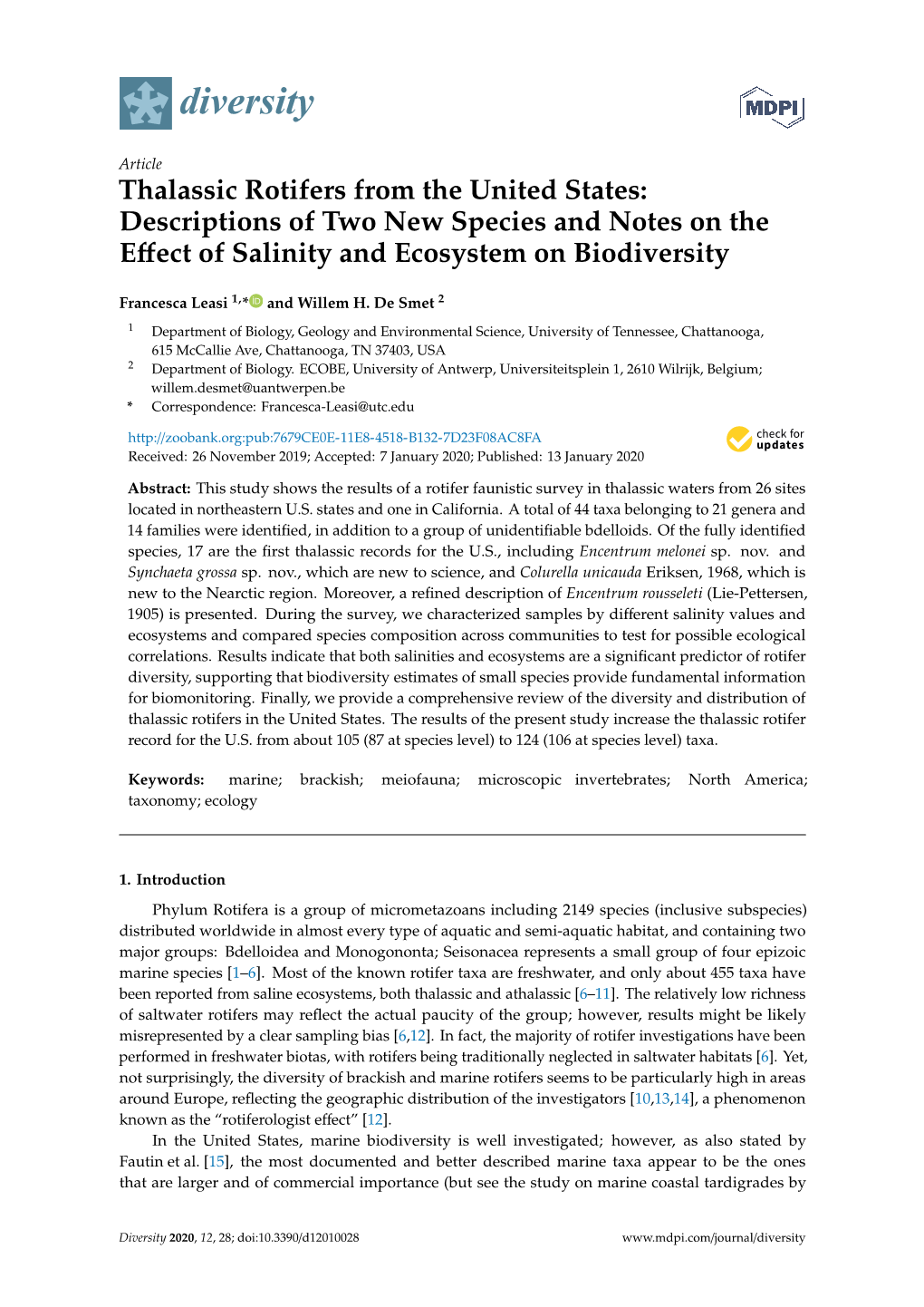 Thalassic Rotifers from the United States: Descriptions of Two New Species and Notes on the Eﬀect of Salinity and Ecosystem on Biodiversity