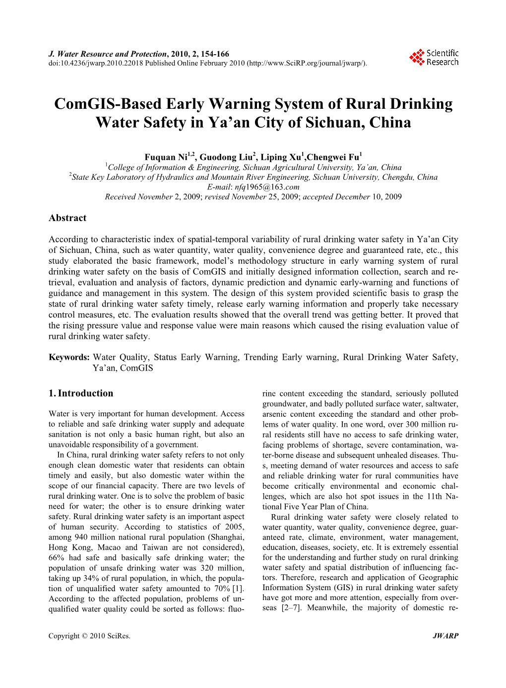 Comgis-Based Early Warning System of Rural Drinking Water Safety in Ya'an City of Sichuan, China