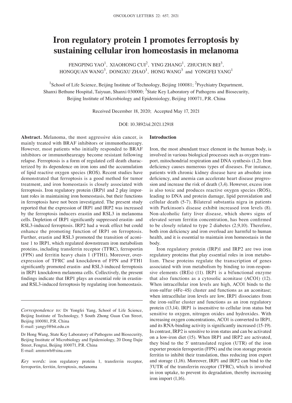 Iron Regulatory Protein 1 Promotes Ferroptosis by Sustaining Cellular Iron Homeostasis in Melanoma