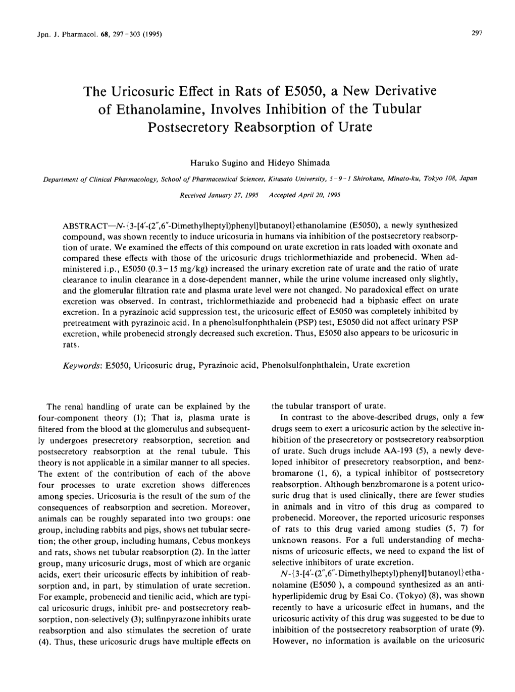 The Uricosuric Effect in Rats of E5050, a New Derivative of Ethanolamine, Involves Inhibition of the Tubular Postsecretory Reabsorption of Urate