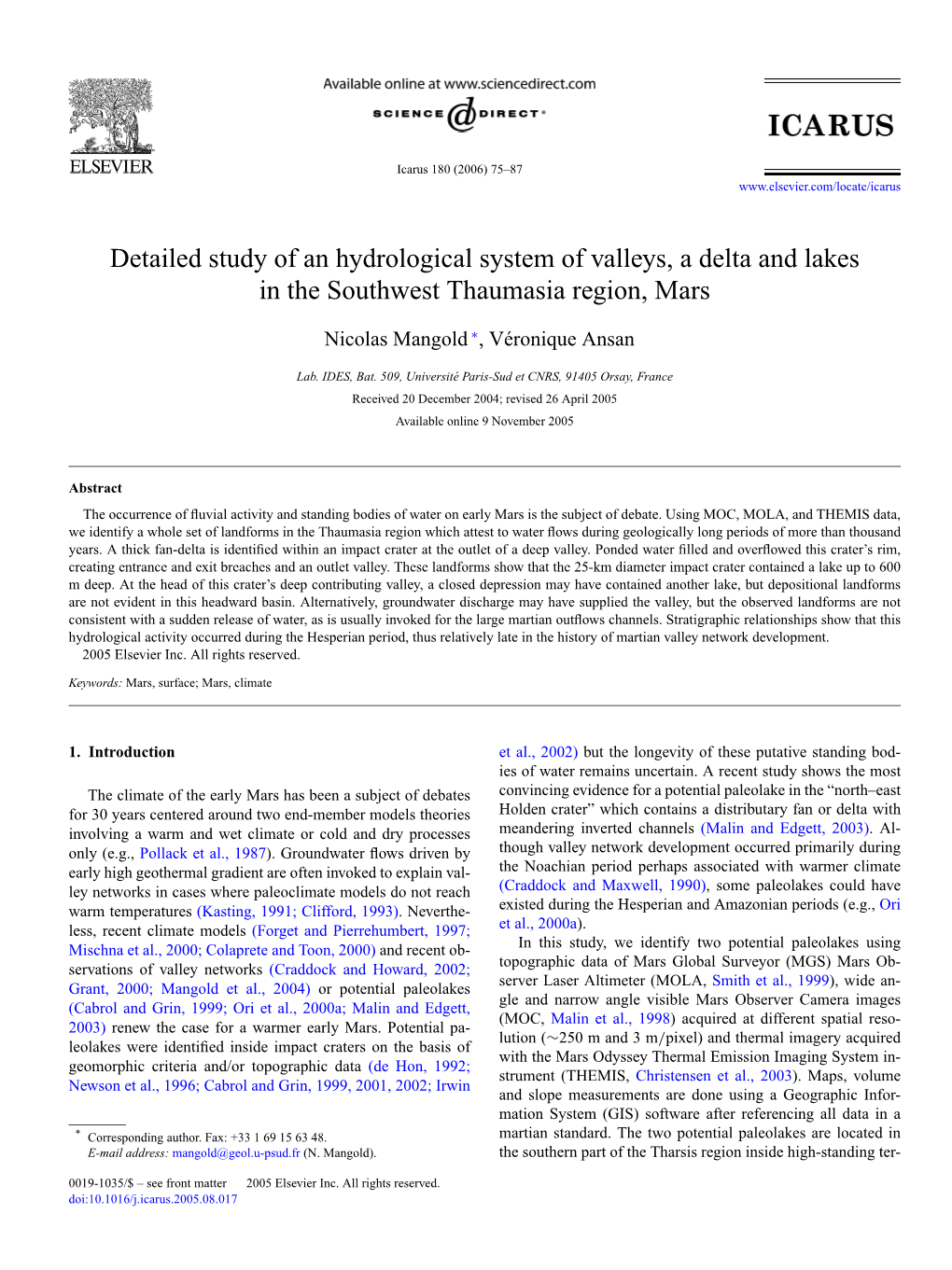 Detailed Study of an Hydrological System of Valleys, a Delta and Lakes in the Southwest Thaumasia Region, Mars