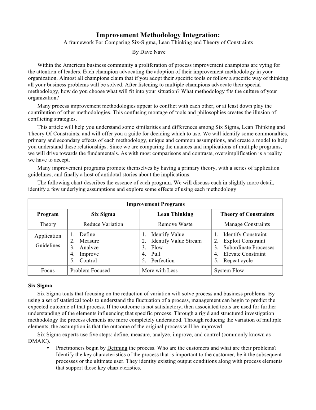 A Framework for Comparing Six-Sigma, Lean Thinking and Theory of Constraints by Dave Nave