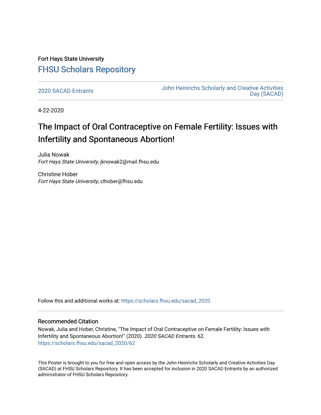 The Impact of Oral Contraceptive on Female Fertility: Issues with Infertility and Spontaneous Abortion!