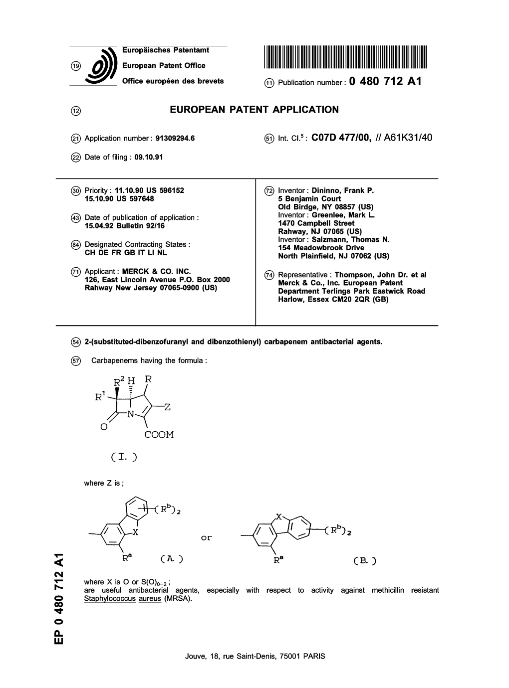 2-\Substituted-Dibenzofuranyl and Dibenzothienyl\ Carbapenem